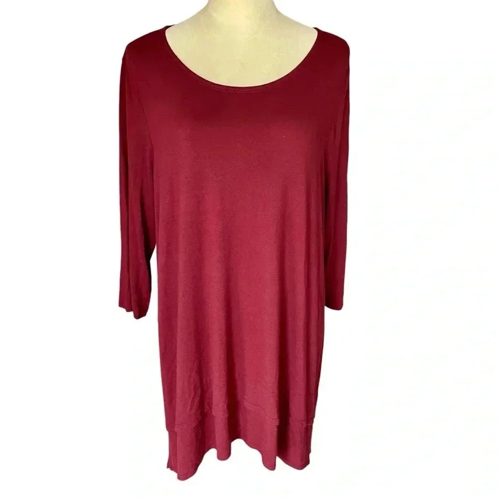 Eileen Fisher Asymmetrical Viscose Spandex Jersey Tunic‎ Maroon Top Women XL